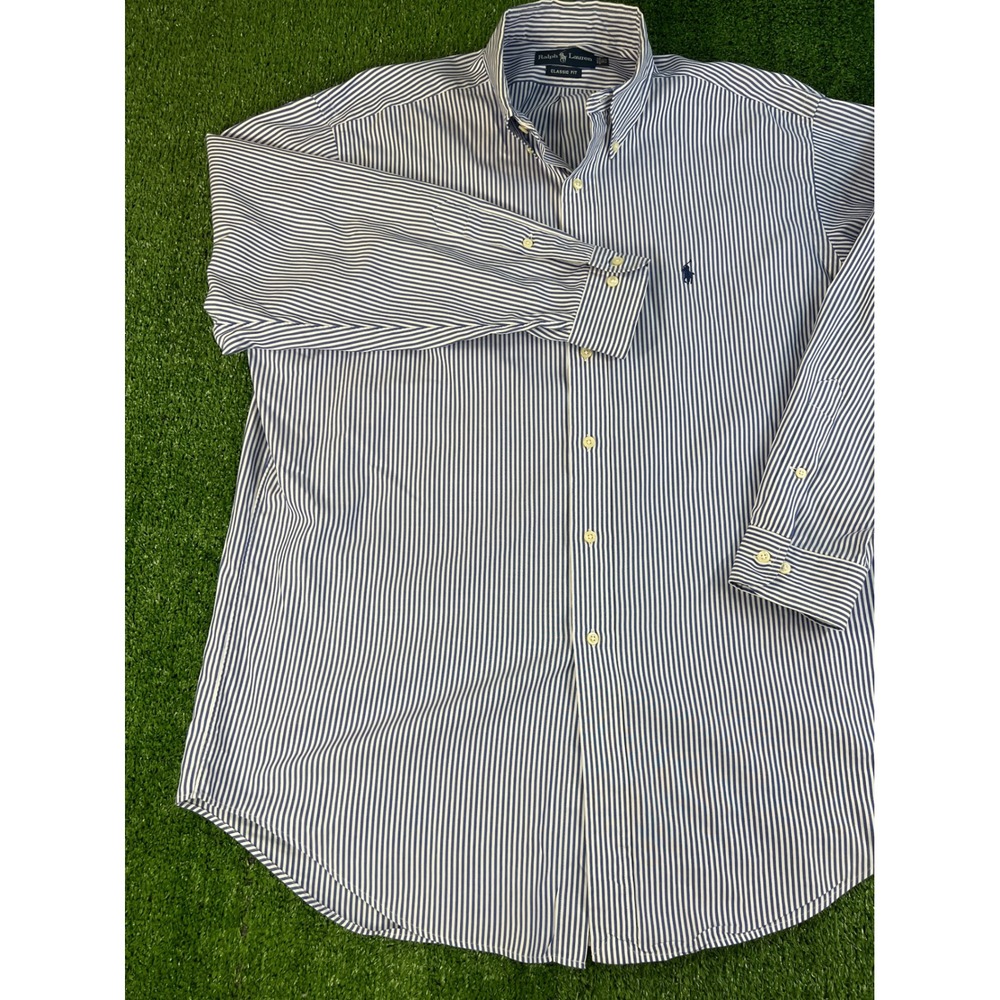 Ralph Lauren Mens XL Classic Fit Striped Button Down Shirt Navy White